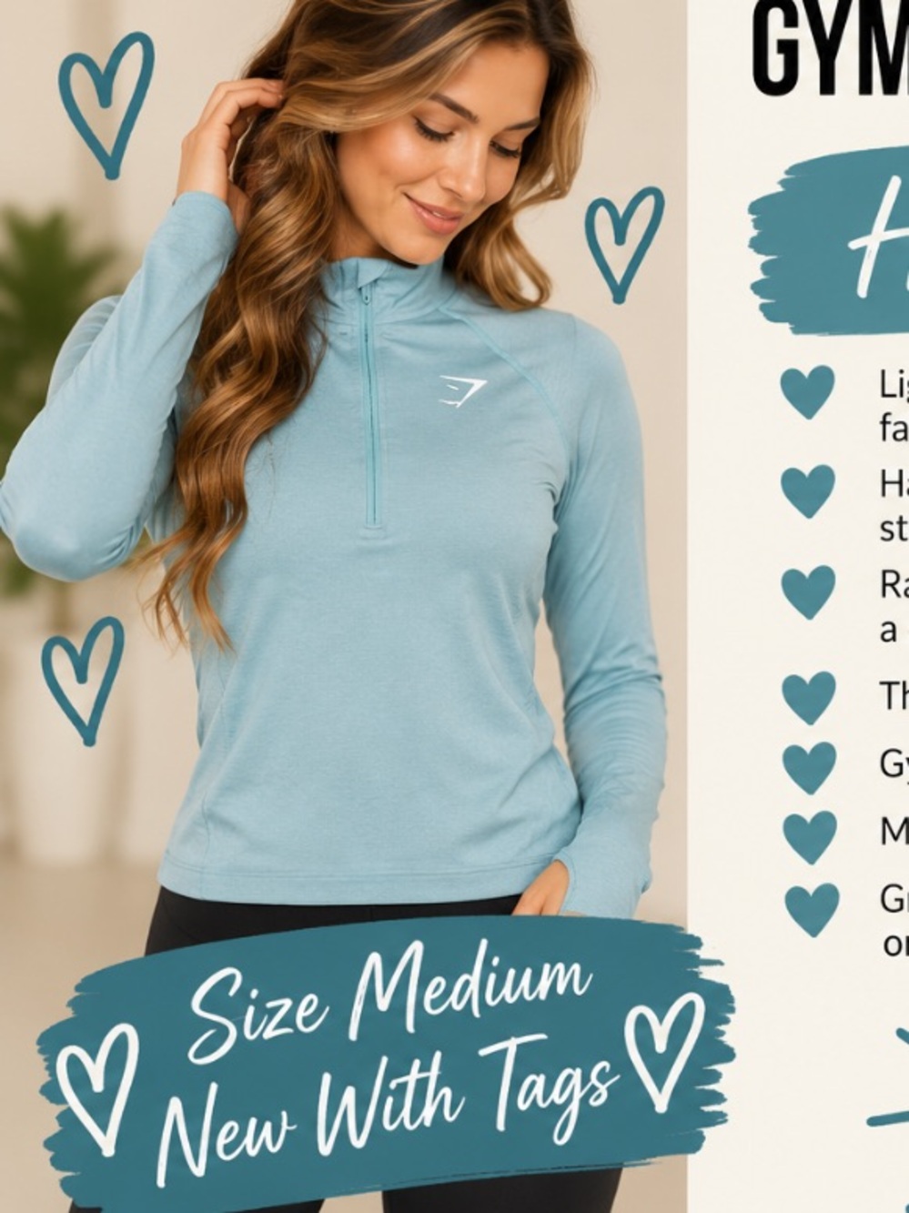 Gymshark Light Blue Long Sleeve Quarter Zip Workout Pullover Women’s Medium NWT
